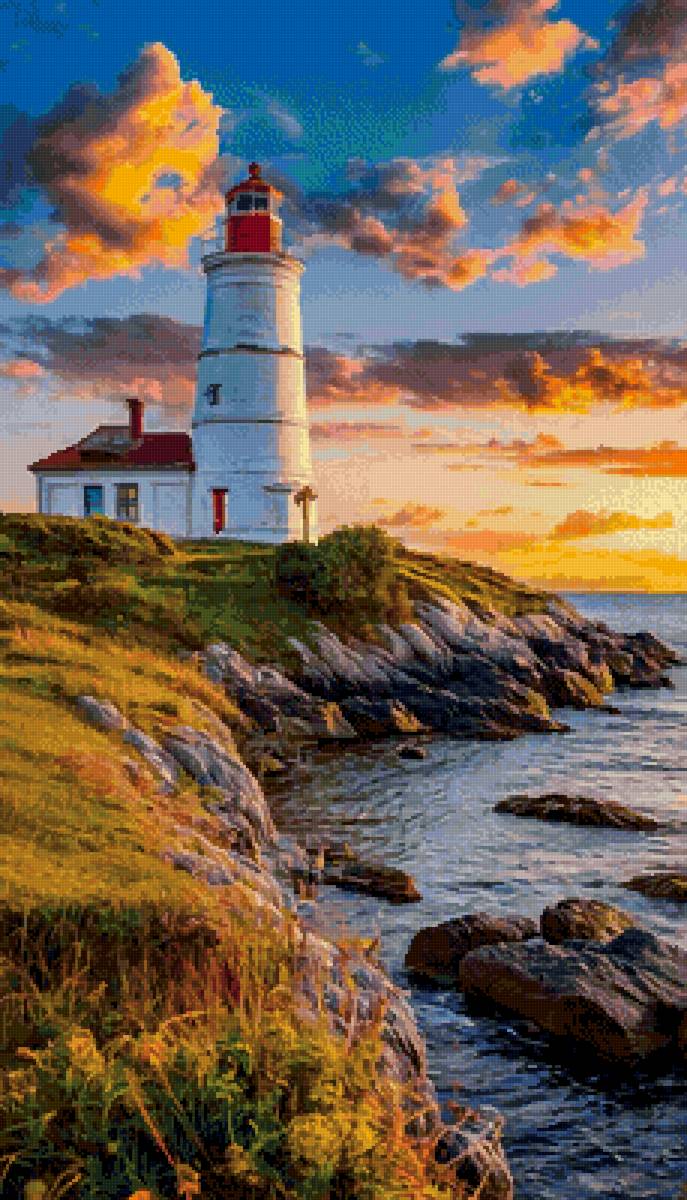 морской пейзаж - маяк, море, закат - предпросмотр