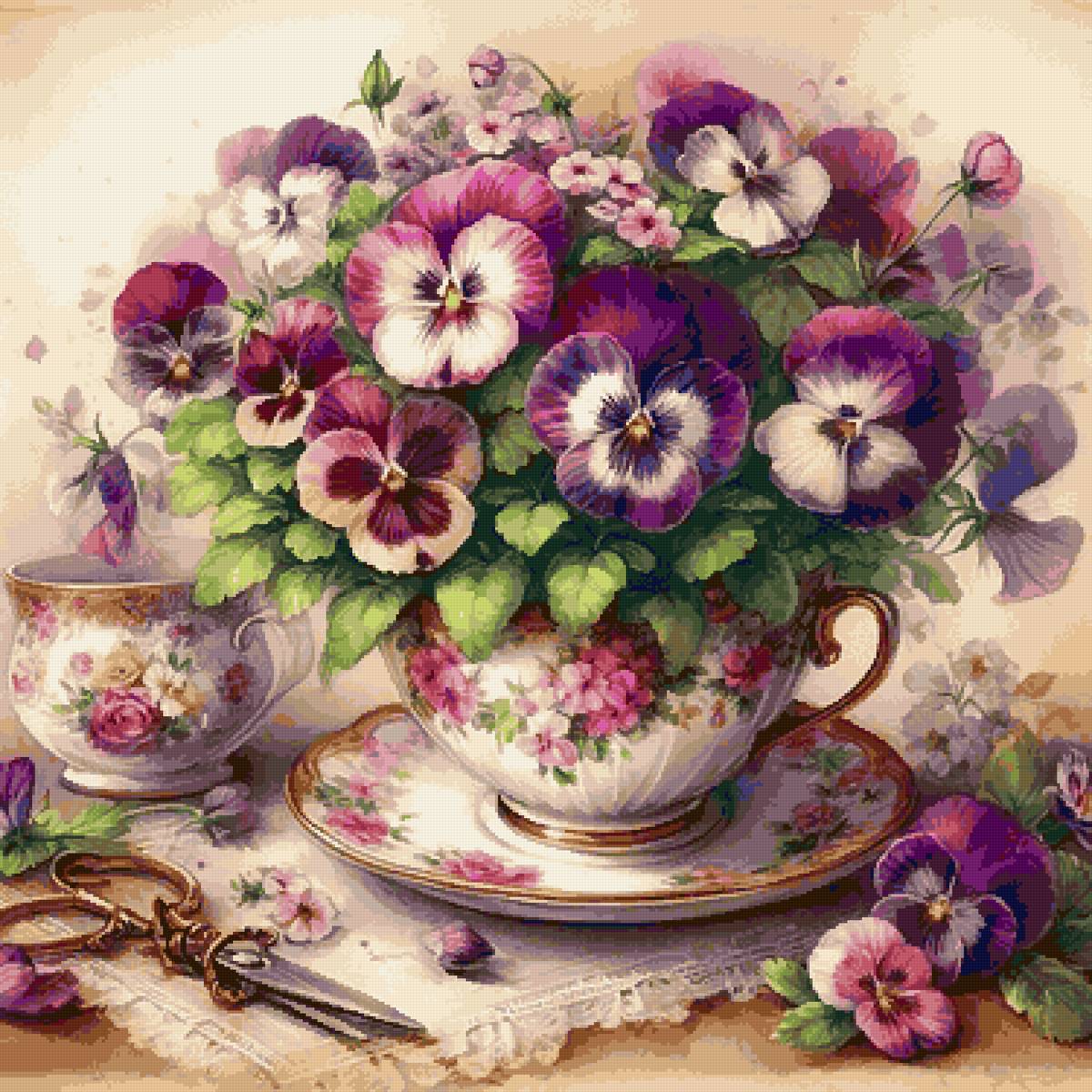 букетик в чашке - фиалки, анюткины глазки - предпросмотр