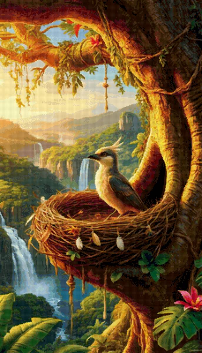 пейзаж - птичка в гнезде, водопад - предпросмотр