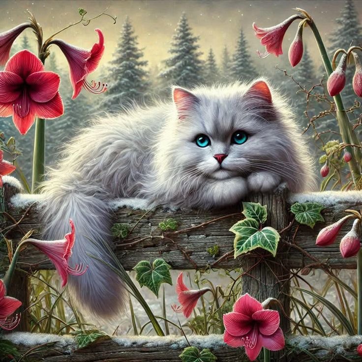 пушистая мечтательница - пейзаж, кошка - оригинал