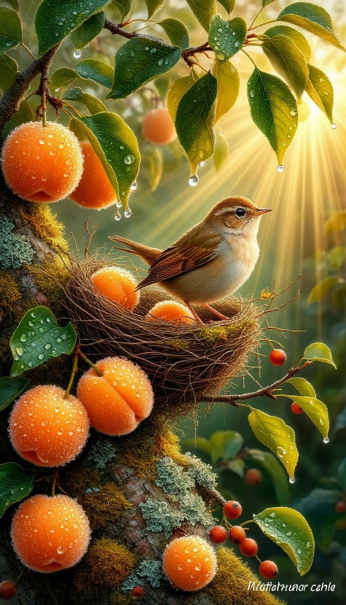 №2883765 - птичка в гнезде, абрикосы - оригинал