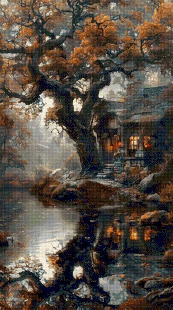 Домик у реки осень - пейзаж, осень - предпросмотр