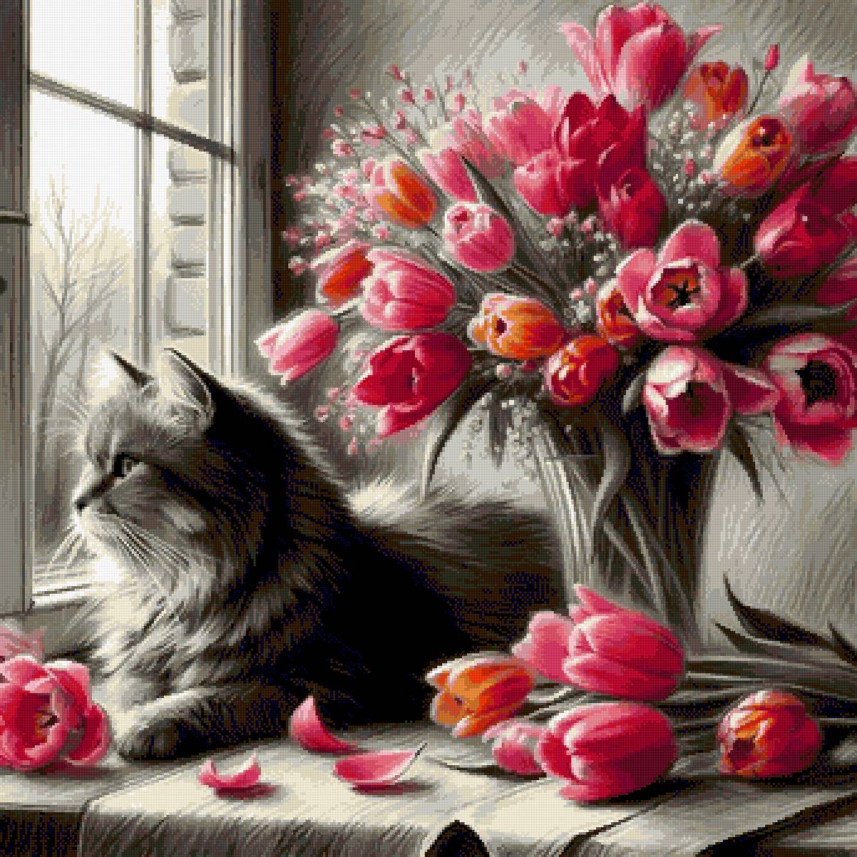 В ожидании праздника - кошка, тюльпаны - предпросмотр