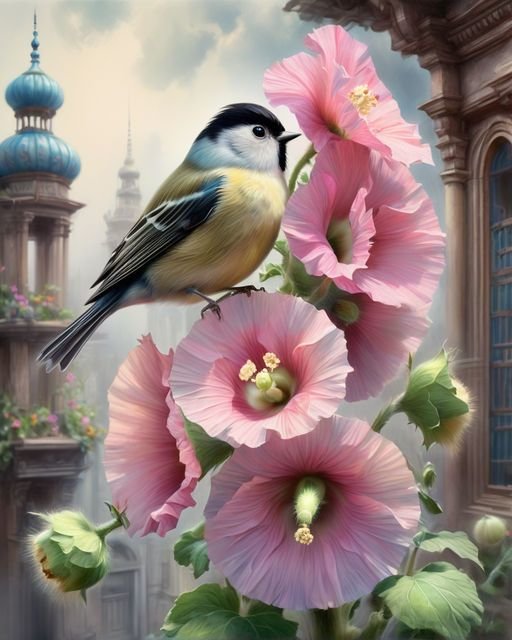 Мальвы и птичка - оригинал