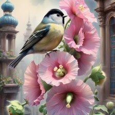 Мальвы и птичка