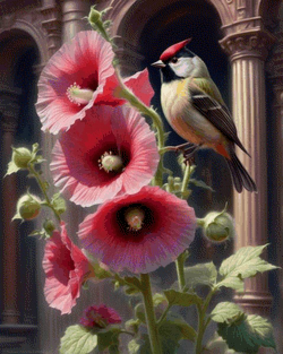 Мальвы и птичка - пейзаж - предпросмотр