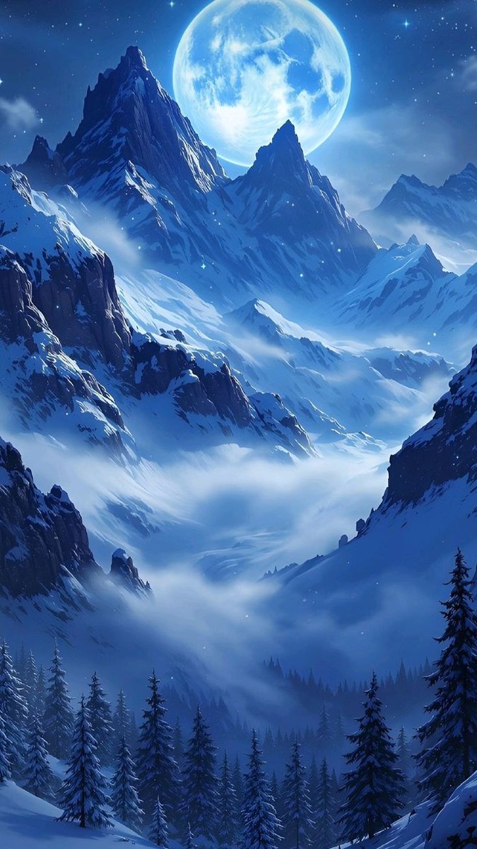 Горы в лунную ночь - ели, снег, горы, ночь, зима, луна - оригинал
