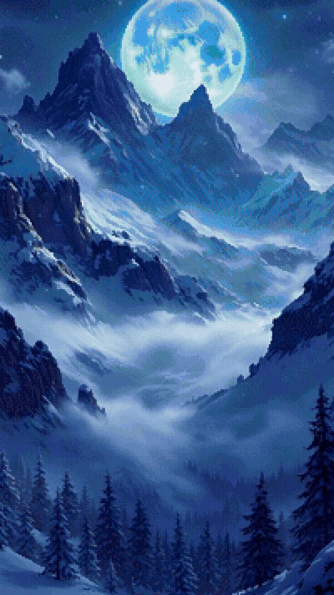 Горы в лунную ночь - ели, зима, луна, ночь, горы, снег - предпросмотр