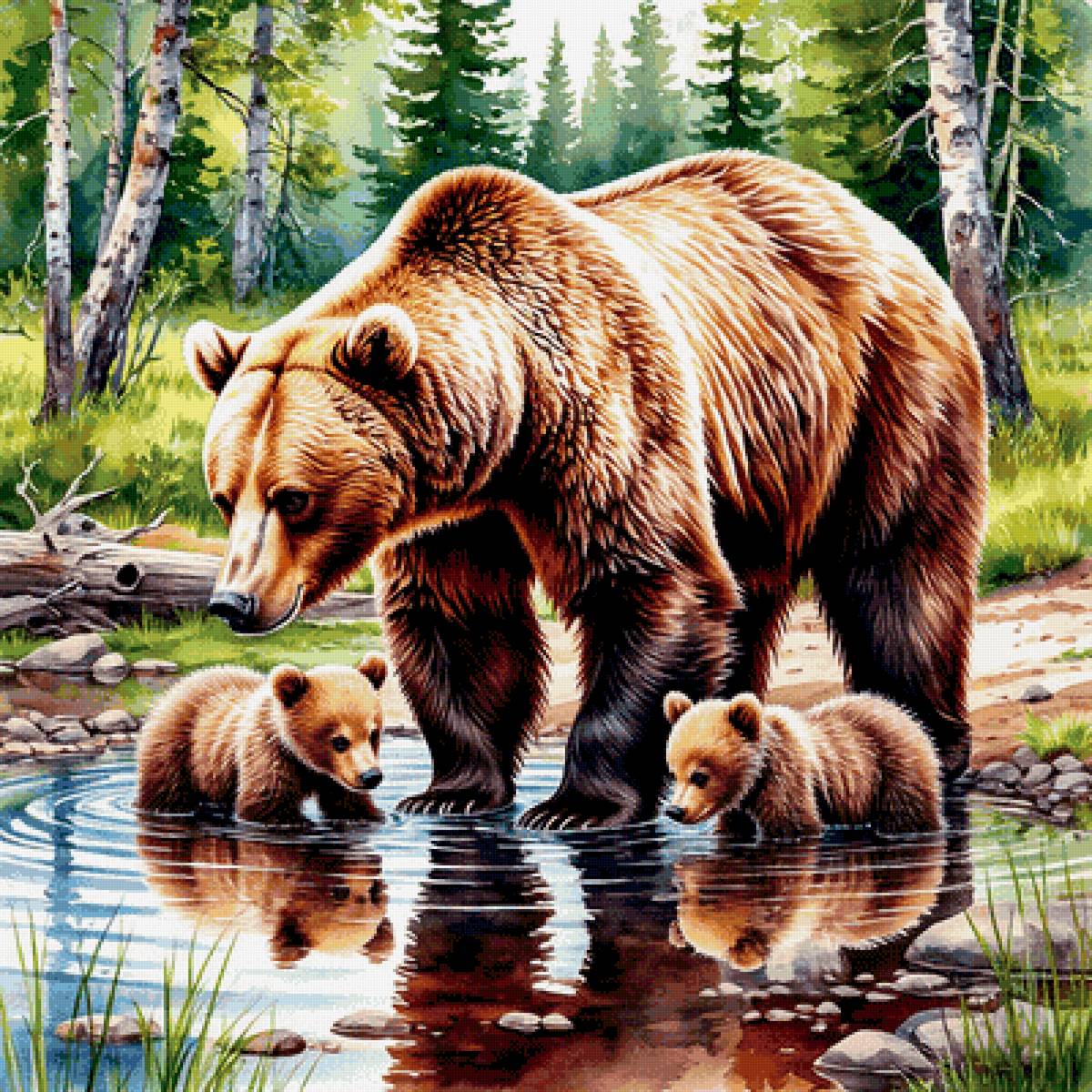 Медведица с медвежатами на водопое - свои картины - предпросмотр