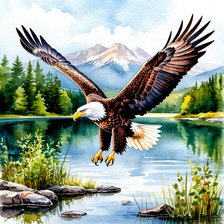 Схема вышивки «Белоголовый орлан парящий над озером. Акварель»