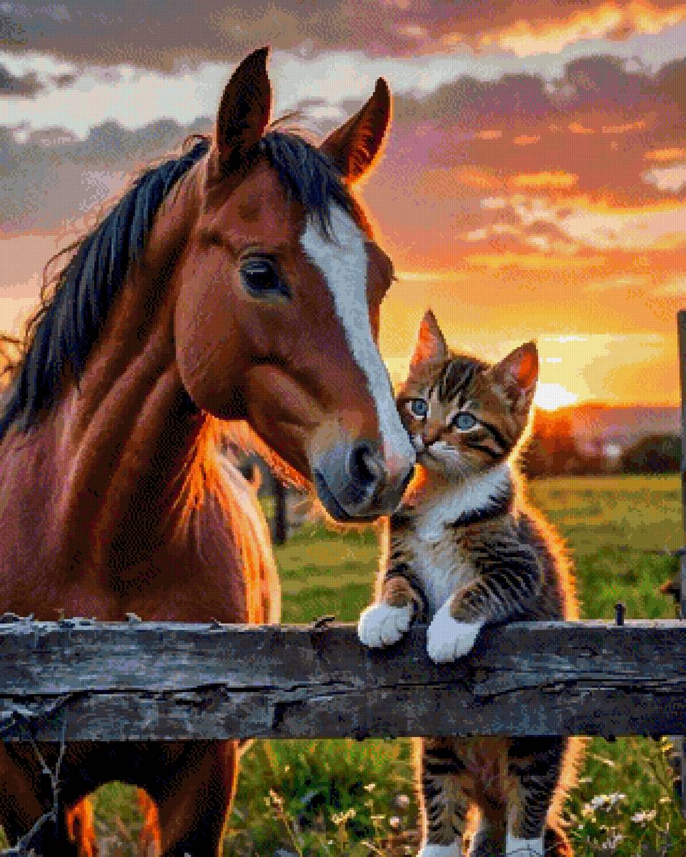 На закате - лошадь, котенок - предпросмотр