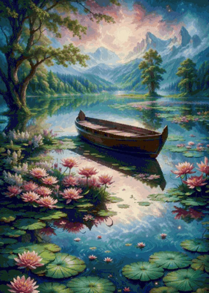 Безмятежность 2 - природа, дерево, лодка, пруд - предпросмотр