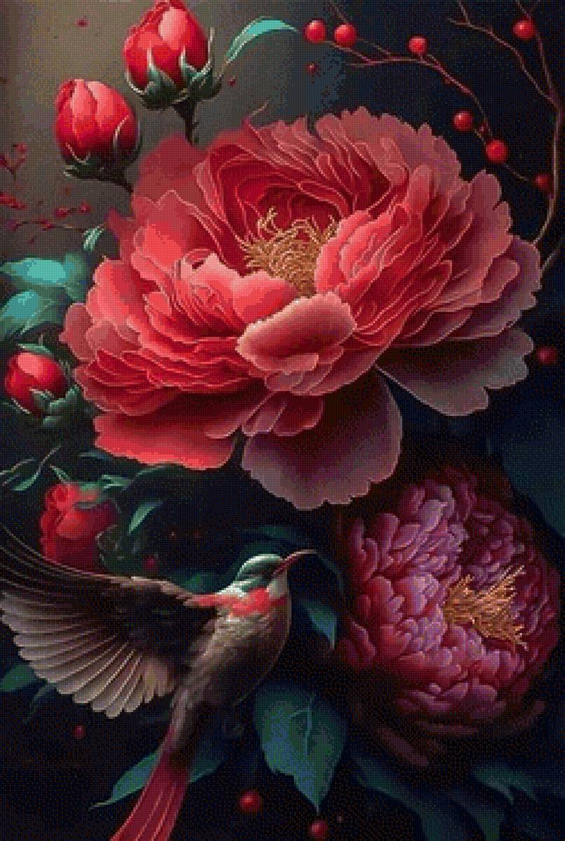 Пион и птичка - цветы - предпросмотр