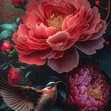 Пион и птичка