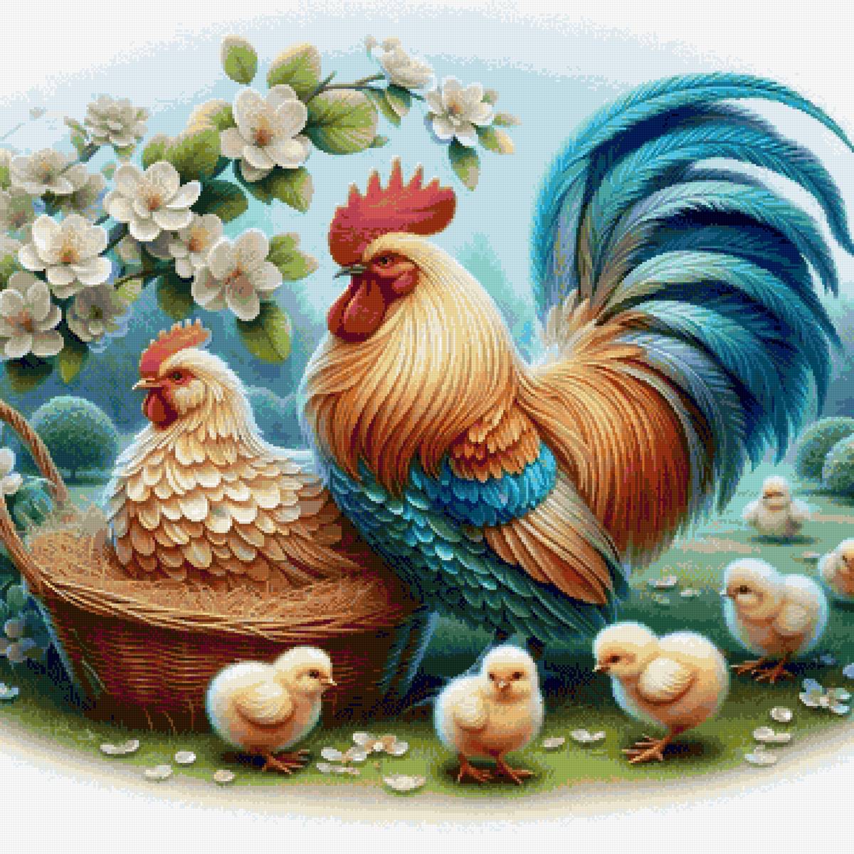 Счастливое семейство - цыплята, петух, курица - предпросмотр