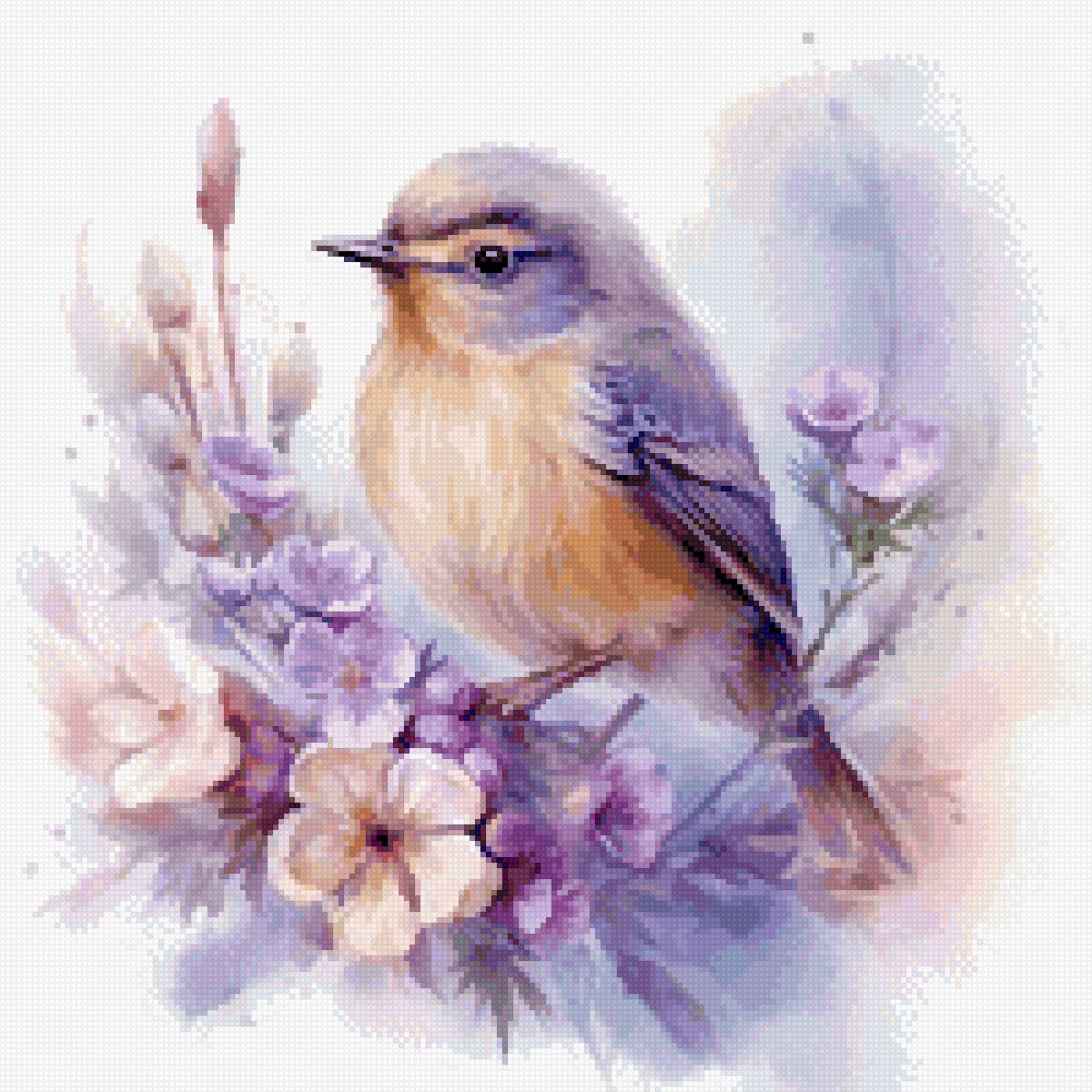 Нежность 2 - птица, цветы, белый фон - предпросмотр