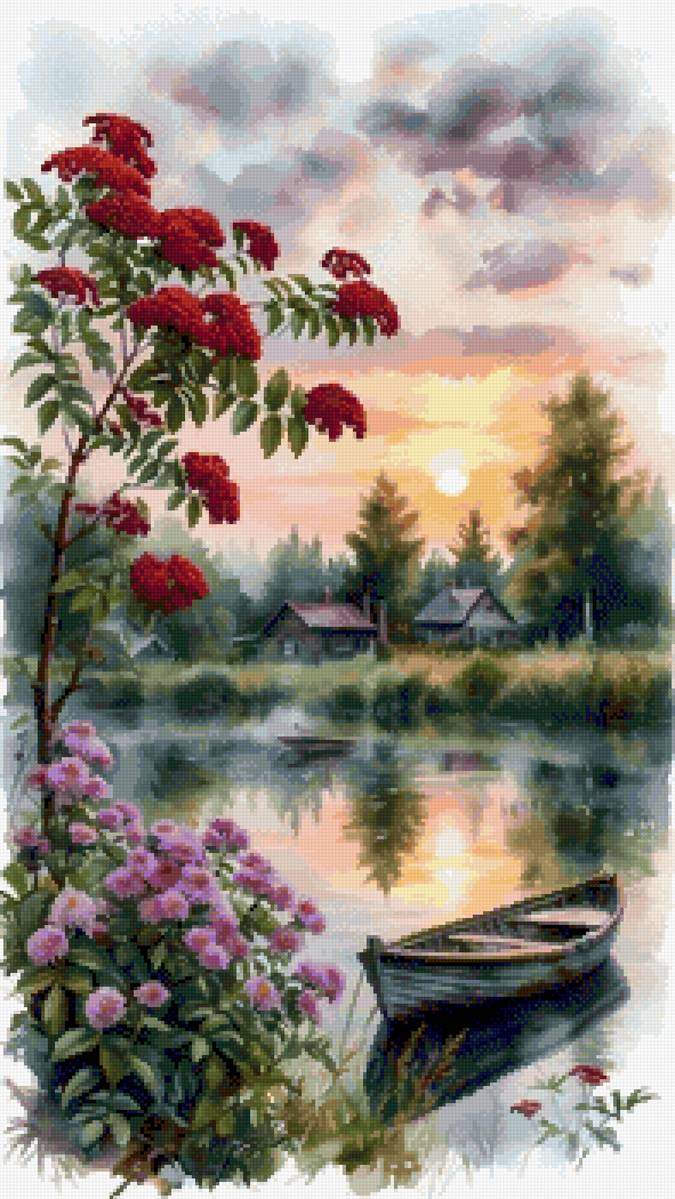 Рябина у пруда - водоем, деревня, сельский пейзаж - предпросмотр