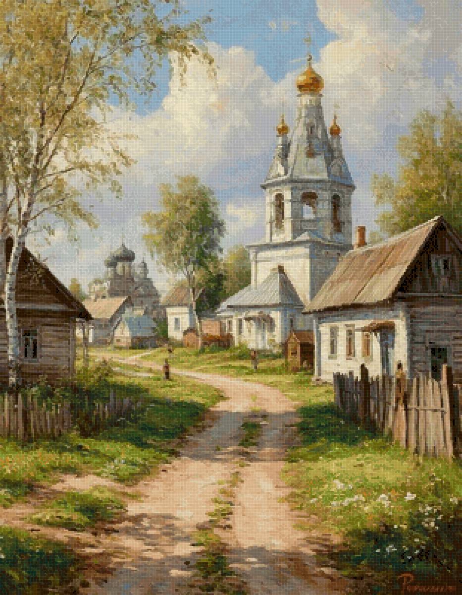 Сельский пейзаж - избы, деревня, церковь - предпросмотр
