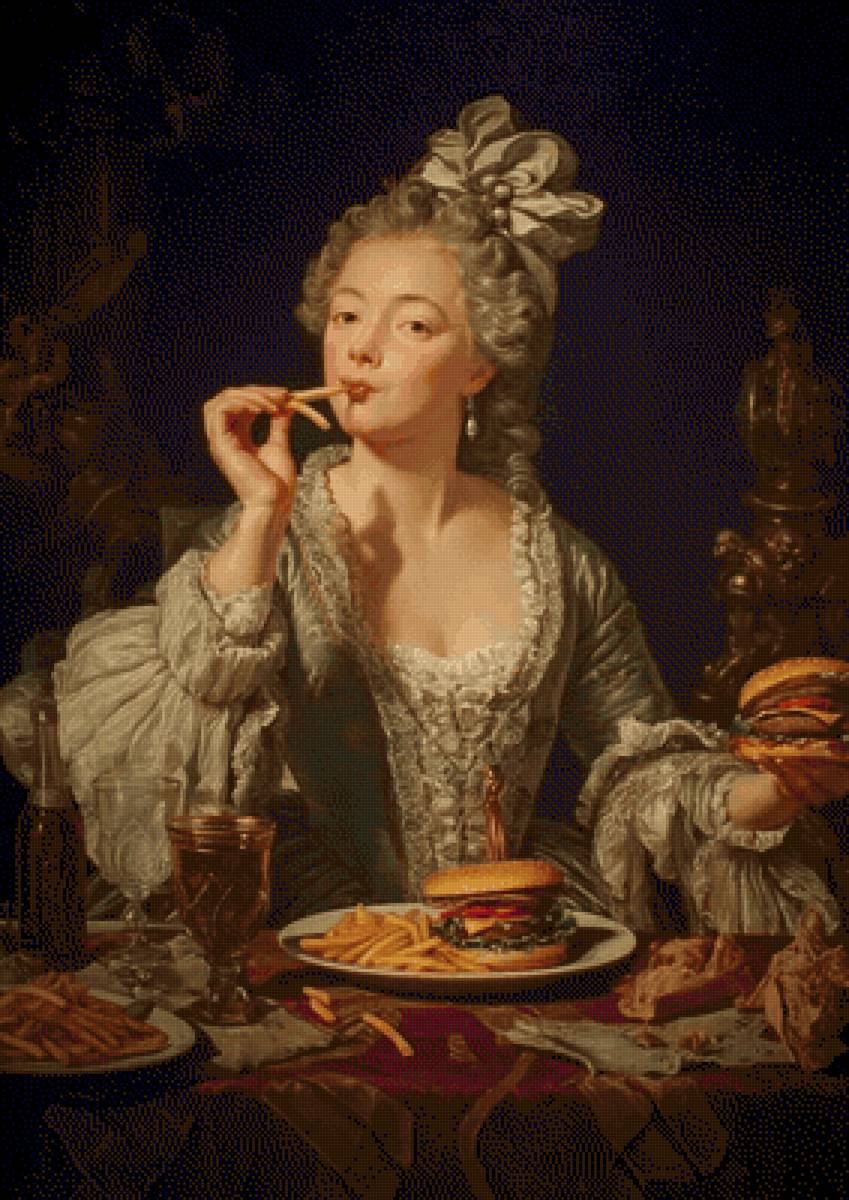 Woman in 18th-century dress eats modern fast food - предпросмотр