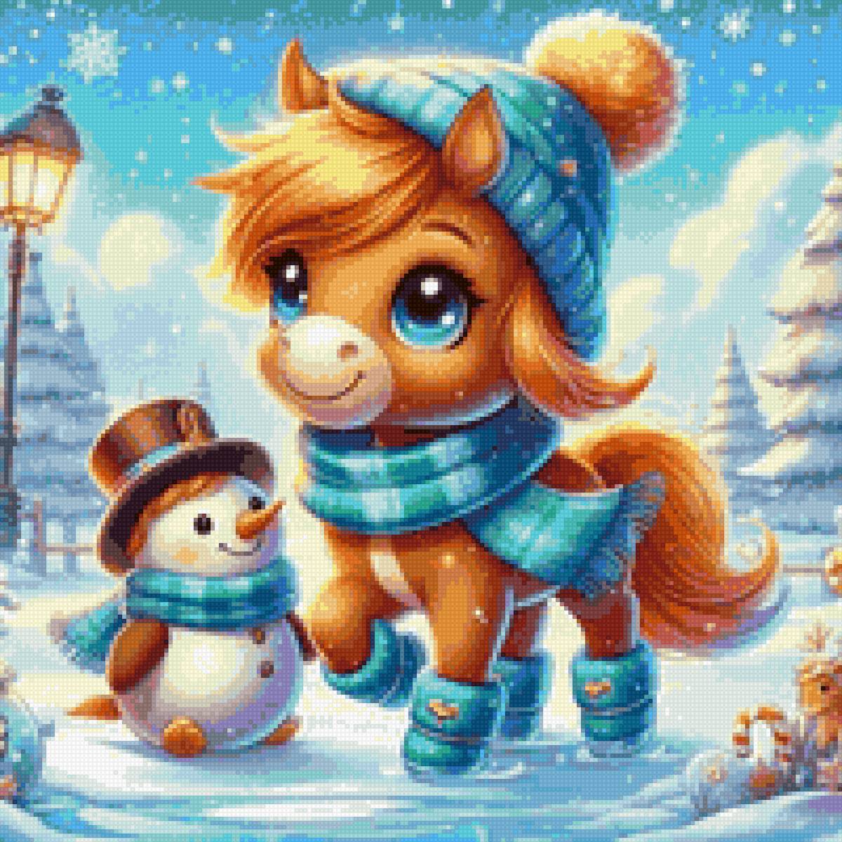 Новый год - лошадь снеговик снег - предпросмотр