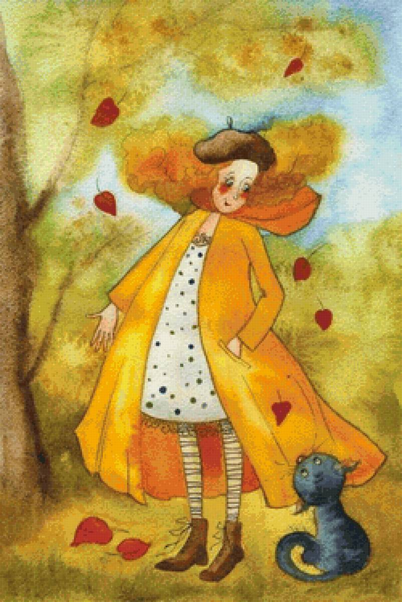 девушка и кот - девушка, кот, осень - предпросмотр