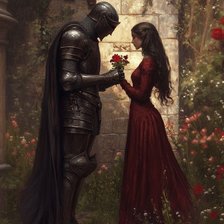 Схема вышивки «Рыцарь с девушкой в красном платье»