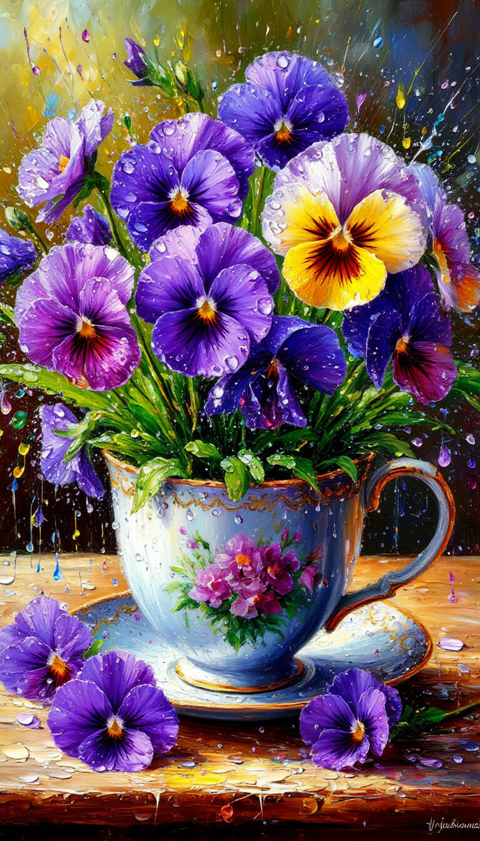 Анютины глазки - чашка, анютины глазки, цветы - оригинал