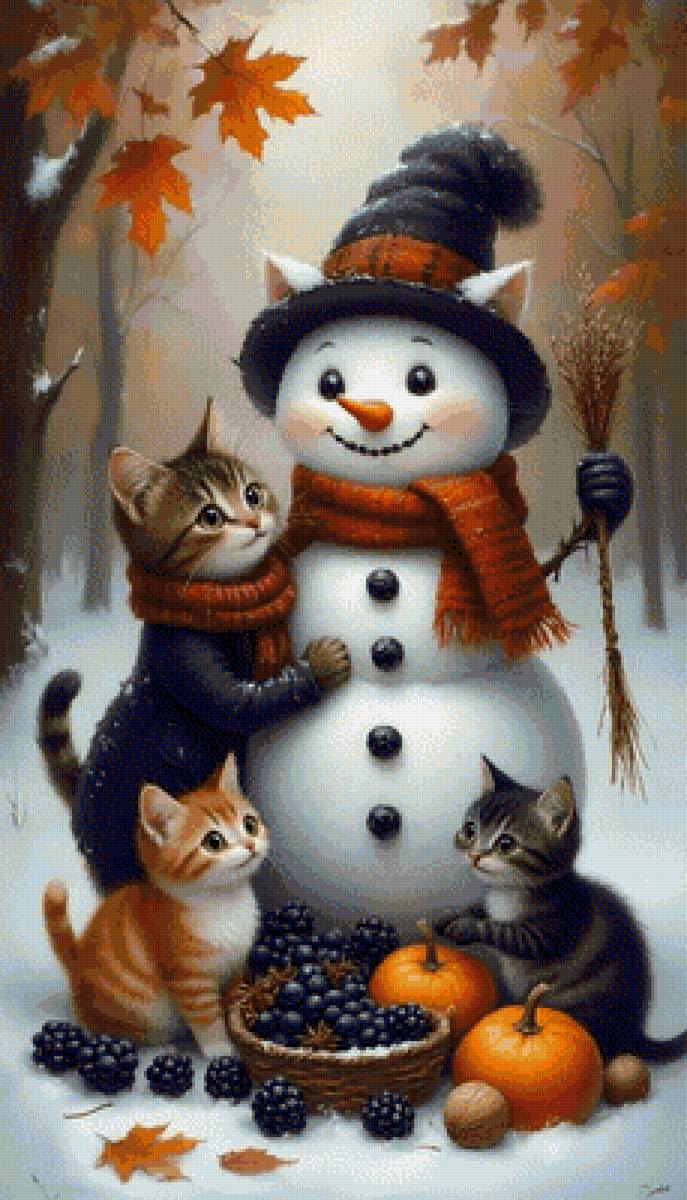 коты со снеговиком - животные - предпросмотр