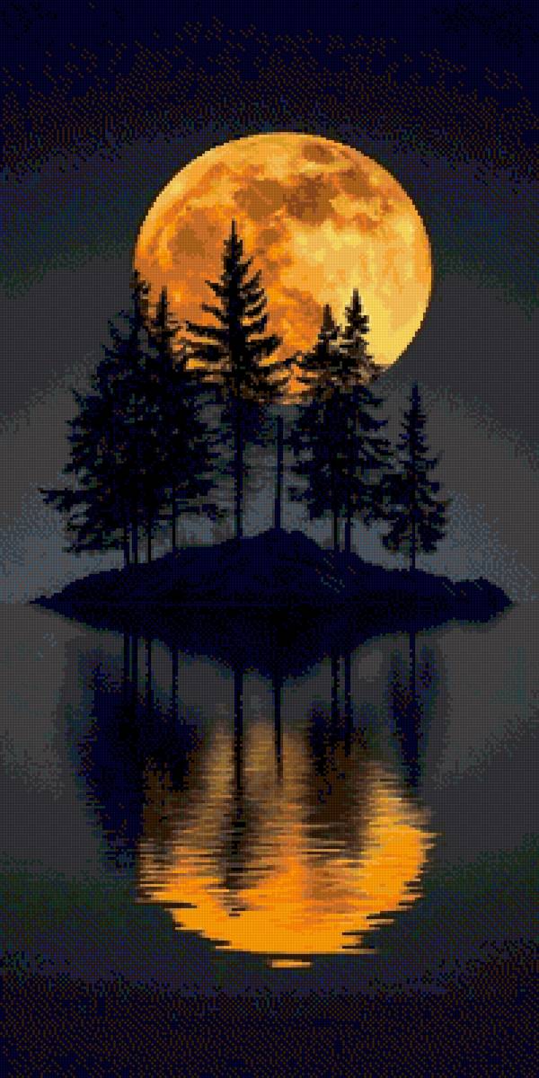 Ночной остров - берег, ночь, вода, луна - предпросмотр