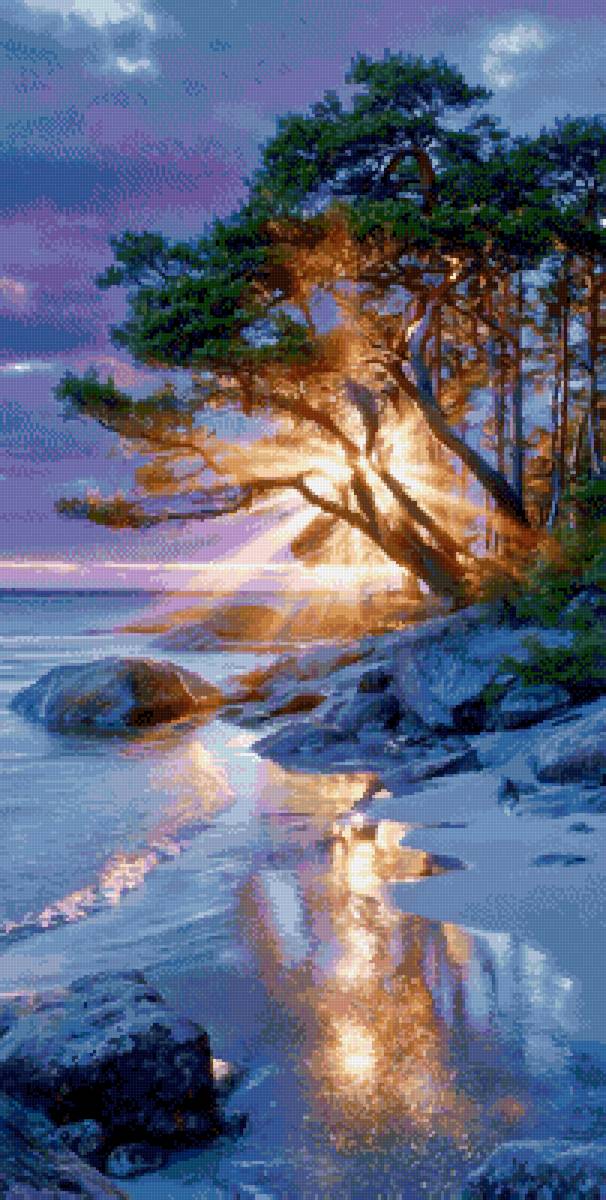 Вечер на берегу - вечер, море, сосны - предпросмотр