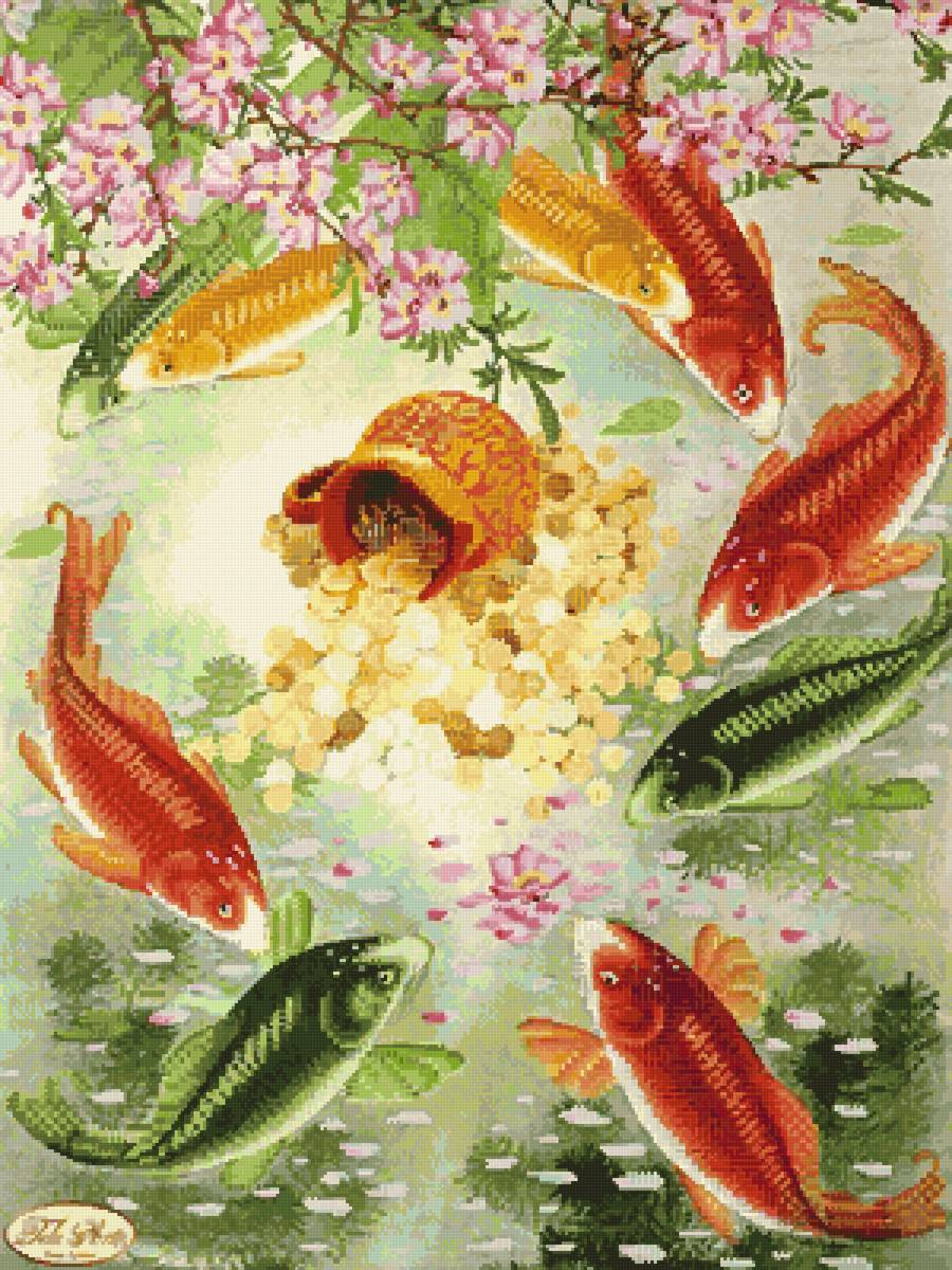 Карпы Киа и клад - рыбки., ветка магнолии, клад,  - предпросмотр