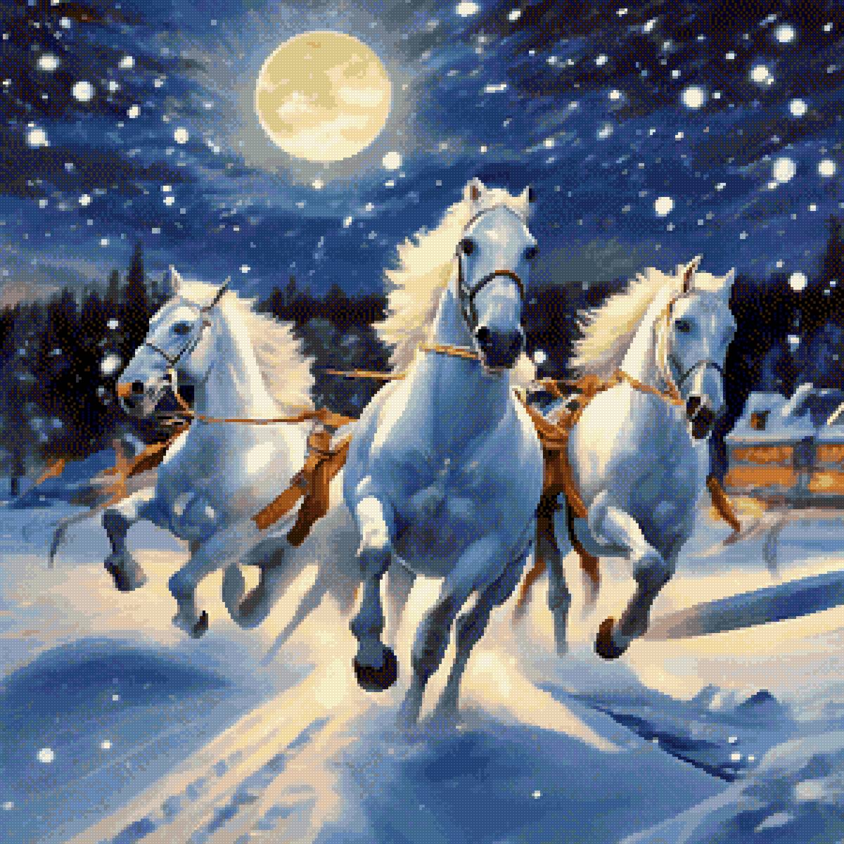 Птица-тройка - бег, снег, луна, ночь, белоснежные кони - предпросмотр