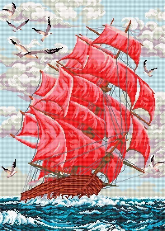 Простор голубой, волна за кормой... - барашки волн, алые паруса, парусник, чайки, облака - оригинал