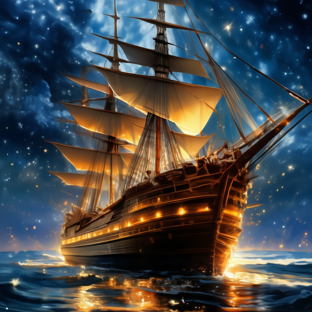 К далёким незнакомым берегам... - звездное небо, отражение в блики на воде, парусник - оригинал