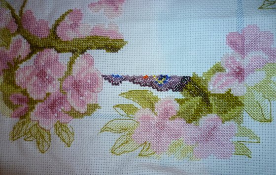 Этап процесса ««Павлиний глаз» (Чарівна Мить), мулине и бисер»