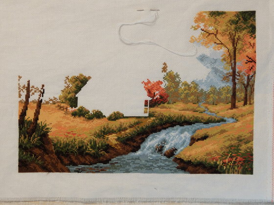 Этап процесса «Осенний пейзаж с домиком»