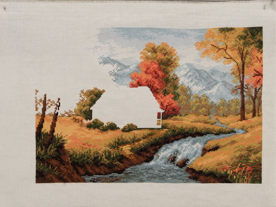 Этап процесса «Осенний пейзаж с домиком»