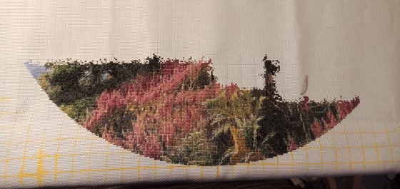 Этап процесса «ЭстЭ 299.1 Дания. Холмы и озера(фрагмент) 300х300, ДМС, Аида 16»