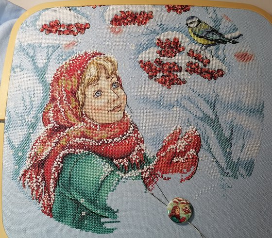 Этап процесса «Процесс вышивки Русская зима»